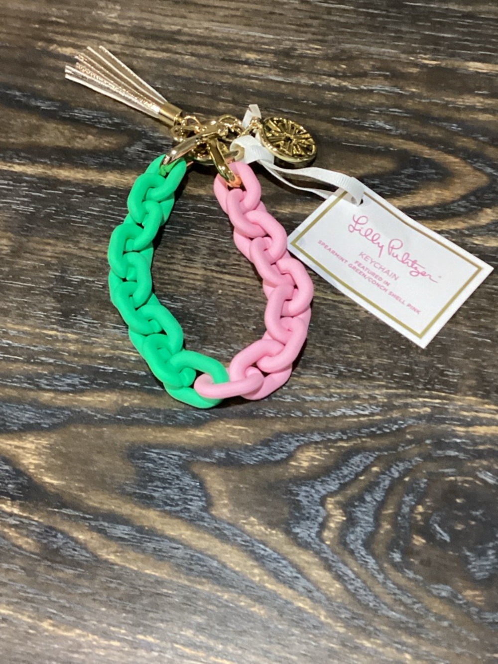 Lilly Pulitzer Spearmint Green Conch Shell Pink Chain and Gold Tassel Keychain
